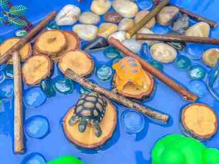 4 Green Speckeled Frogs Sensory bin