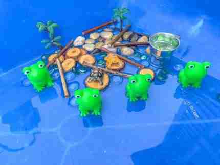 4 Green Speckeled Frogs Sensory bin