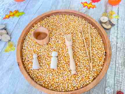 Leaves and Popcorn Fall Sensory Bin