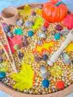 Leaves and Popcorn Fall Sensory Bin - Image 7