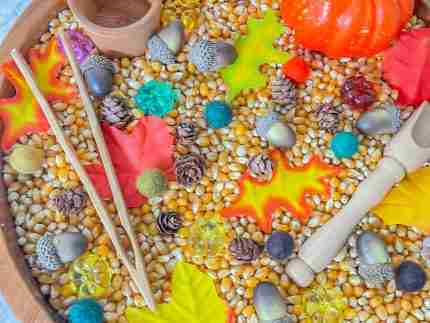 Leaves and Popcorn Fall Sensory Bin
