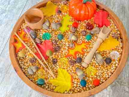 Leaves and Popcorn Fall Sensory Bin