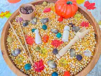 Leaves and Popcorn Fall Sensory Bin