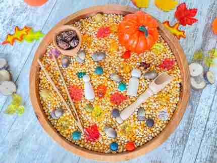 Leaves and Popcorn Fall Sensory Bin