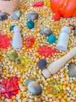 Leaves and Popcorn Fall Sensory Bin