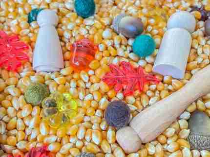 Leaves and Popcorn Fall Sensory Bin