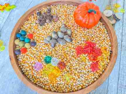 Leaves and Popcorn Fall Sensory Bin
