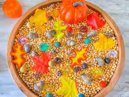 Leaves and Popcorn Fall Sensory Bin
