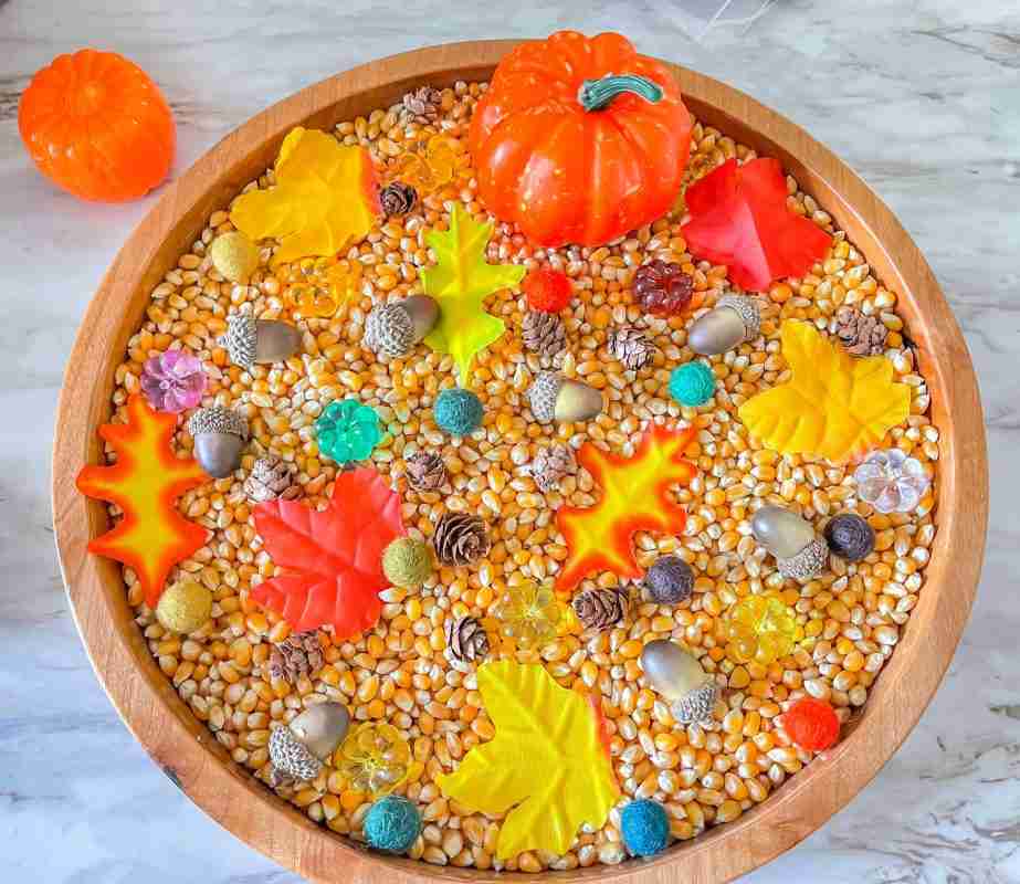 Leaves and Popcorn Fall Sensory Bin