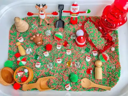 santa and reindeer christmas sensory bin