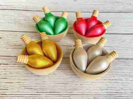 Wooden Sparkly Christmas Sorting Set Bowls and Bulbs 1