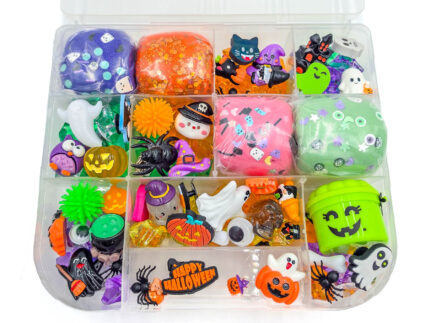 Deluxe Halloween Playdough Kit with four playdough balls, ghost, spider, and pumpkin charms in a clear case