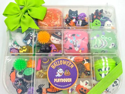 Deluxe Halloween Playdough Kit with four playdough balls, ghost, spider, and pumpkin charms in a clear case