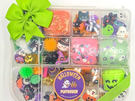 Deluxe Halloween Playdough Kit with four playdough balls, ghost, spider, and pumpkin charms in a clear case