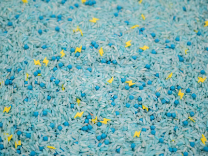 Stormy Skies Sensory Filler Mix with blue rice gray clouds and yellow lightning