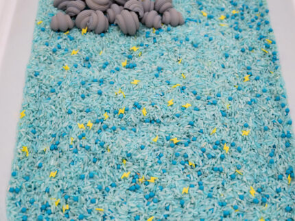 Stormy Skies Sensory Filler Mix with blue rice gray clouds and yellow lightning