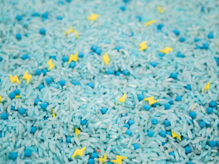 Stormy Skies Sensory Filler Mix with blue rice gray clouds and yellow lightning