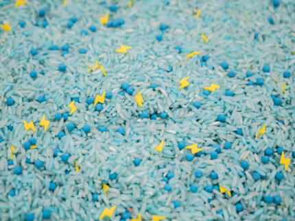 Stormy Skies Sensory Filler Mix with blue rice gray clouds and yellow lightning