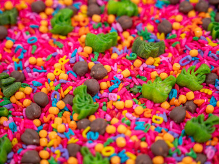 Chicka Chicka Alphabet Sensory Filler with colorful letters, green palm trees and coconut-inspired sensory pieces