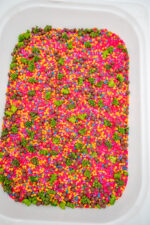 Chicka Chicka Alphabet Sensory Filler with colorful letters, green palm trees and coconut-inspired sensory pieces