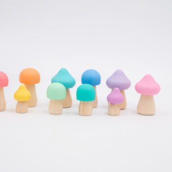 Assorted Pastel Wooden Mushrooms set of 10 hand-painted mushrooms in soft rainbow colors and mixed shapes for sensory and small-world play