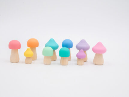 Assorted Pastel Wooden Mushrooms set of 10 hand-painted mushrooms in soft rainbow colors and mixed shapes for sensory and small-world play