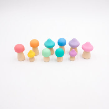 Assorted Pastel Wooden Mushrooms set of 10 hand-painted mushrooms in soft rainbow colors and mixed shapes for sensory and small-world play