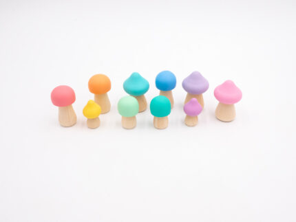 Assorted Pastel Wooden Mushrooms set of 10 hand-painted mushrooms in soft rainbow colors and mixed shapes for sensory and small-world play