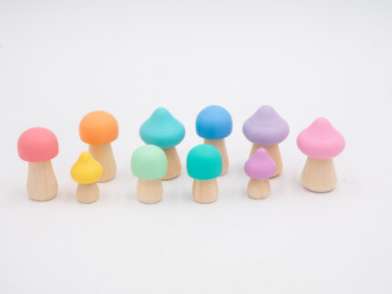 Assorted Pastel Wooden Mushrooms set of 10 hand-painted mushrooms in soft rainbow colors and mixed shapes for sensory and small-world play