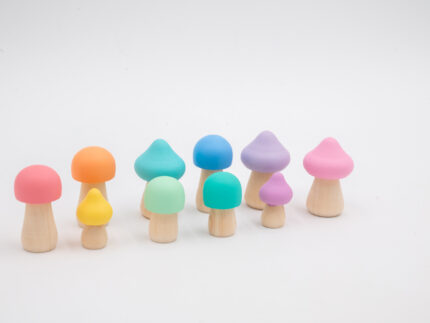 Assorted Pastel Wooden Mushrooms set of 10 hand-painted mushrooms in soft rainbow colors and mixed shapes for sensory and small-world play