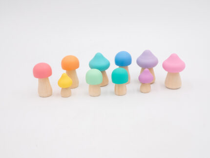 Assorted Pastel Wooden Mushrooms set of 10 hand-painted mushrooms in soft rainbow colors and mixed shapes for sensory and small-world play