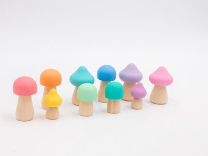 Assorted Pastel Wooden Mushrooms set of 10 hand-painted mushrooms in soft rainbow colors and mixed shapes for sensory and small-world play