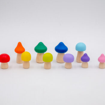 Assorted Rainbow Wooden Mushrooms set of 10 hand-painted mushrooms in bright rainbow colors and mixed shapes for sensory and small-world play