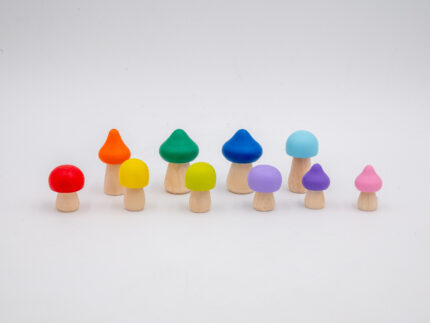 Assorted Rainbow Wooden Mushrooms set of 10 hand-painted mushrooms in bright rainbow colors and mixed shapes for sensory and small-world play