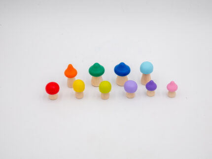 Assorted Rainbow Wooden Mushrooms set of 10 hand-painted mushrooms in bright rainbow colors and mixed shapes for sensory and small-world play