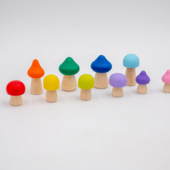 Assorted Rainbow Wooden Mushrooms set of 10 hand-painted mushrooms in bright rainbow colors and mixed shapes for sensory and small-world play