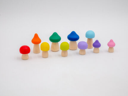 Assorted Rainbow Wooden Mushrooms set of 10 hand-painted mushrooms in bright rainbow colors and mixed shapes for sensory and small-world play