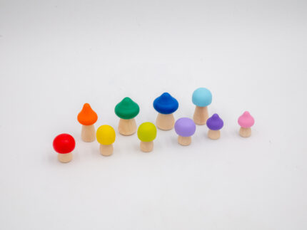 Assorted Rainbow Wooden Mushrooms set of 10 hand-painted mushrooms in bright rainbow colors and mixed shapes for sensory and small-world play