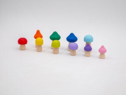 Assorted Rainbow Wooden Mushrooms set of 10 hand-painted mushrooms in bright rainbow colors and mixed shapes for sensory and small-world play