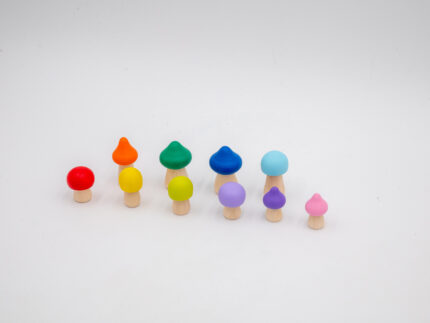 Assorted Rainbow Wooden Mushrooms set of 10 hand-painted mushrooms in bright rainbow colors and mixed shapes for sensory and small-world play