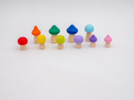 Assorted Rainbow Wooden Mushrooms set of 10 hand-painted mushrooms in bright rainbow colors and mixed shapes for sensory and small-world play