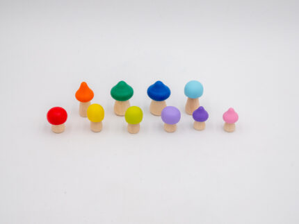 Assorted Rainbow Wooden Mushrooms set of 10 hand-painted mushrooms in bright rainbow colors and mixed shapes for sensory and small-world play