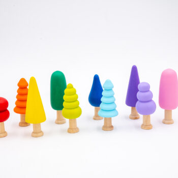 Assorted Rainbow Wooden Trees set of 10 hand-painted small wooden trees in bright colors and mixed shapes for sensory and small-world play