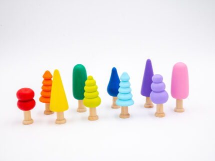 Assorted Rainbow Wooden Trees set of 10 hand-painted small wooden trees in bright colors and mixed shapes for sensory and small-world play