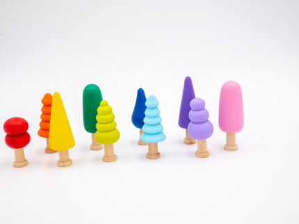 Assorted Rainbow Wooden Trees set of 10 hand-painted small wooden trees in bright colors and mixed shapes for sensory and small-world play