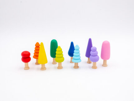 Assorted Rainbow Wooden Trees set of 10 hand-painted small wooden trees in bright colors and mixed shapes for sensory and small-world play