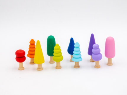 Assorted Rainbow Wooden Trees set of 10 hand-painted small wooden trees in bright colors and mixed shapes for sensory and small-world play
