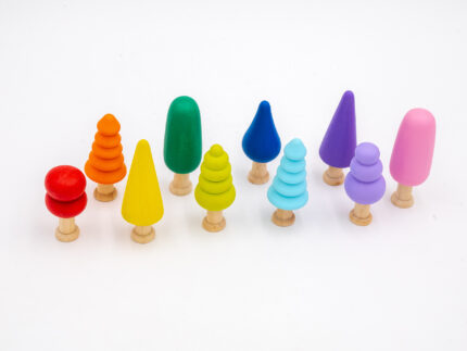 Assorted Rainbow Wooden Trees set of 10 hand-painted small wooden trees in bright colors and mixed shapes for sensory and small-world play