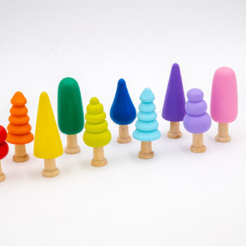 Assorted Rainbow Wooden Trees set of 10 hand-painted small wooden trees in bright colors and mixed shapes for sensory and small-world play