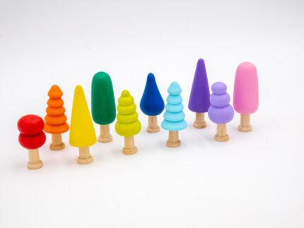 Assorted Rainbow Wooden Trees set of 10 hand-painted small wooden trees in bright colors and mixed shapes for sensory and small-world play